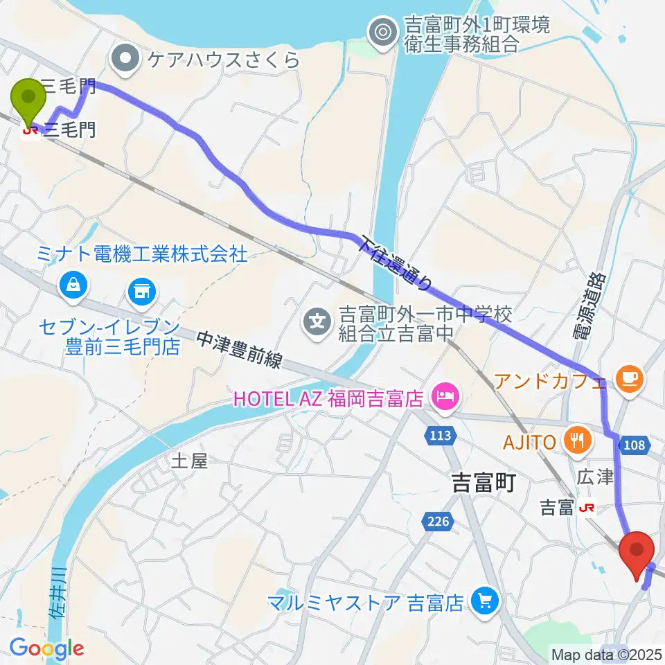 三毛門駅から吉富フォーユー会館へのルートマップ地図