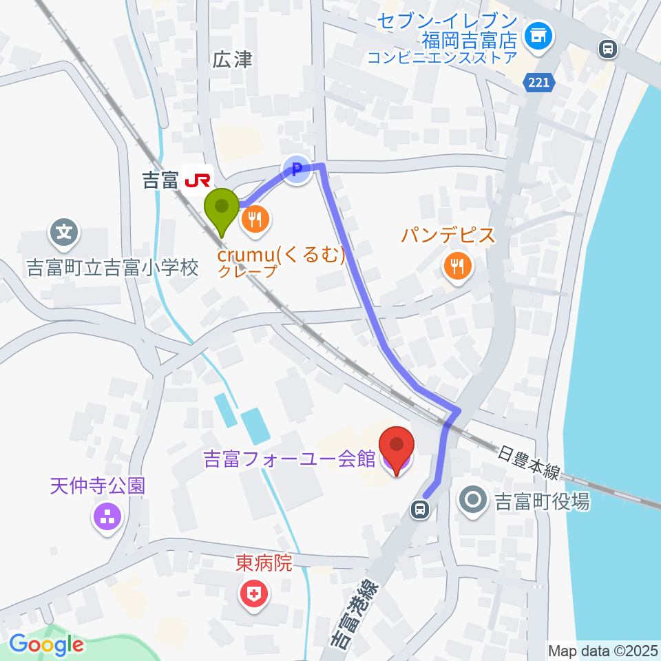 吉富フォーユー会館の最寄駅吉富駅からの徒歩ルート（約4分）地図