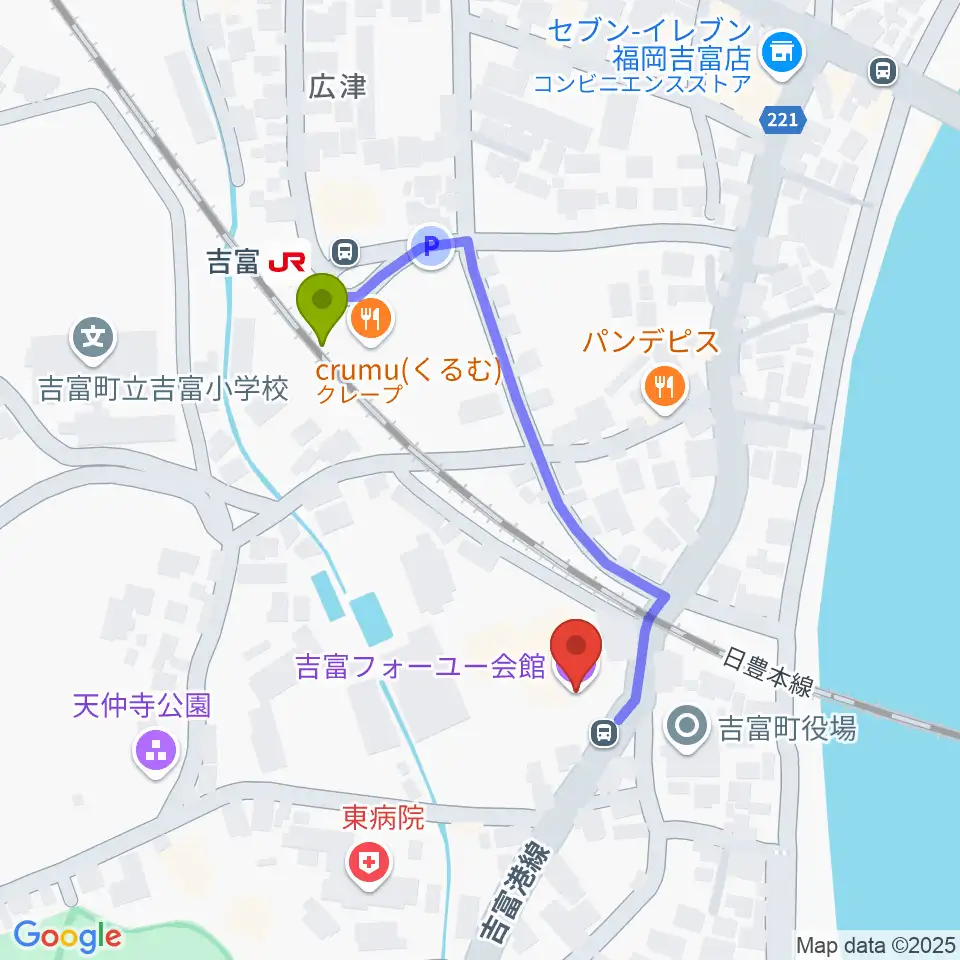 吉富フォーユー会館の最寄駅吉富駅からの徒歩ルート（約4分）地図