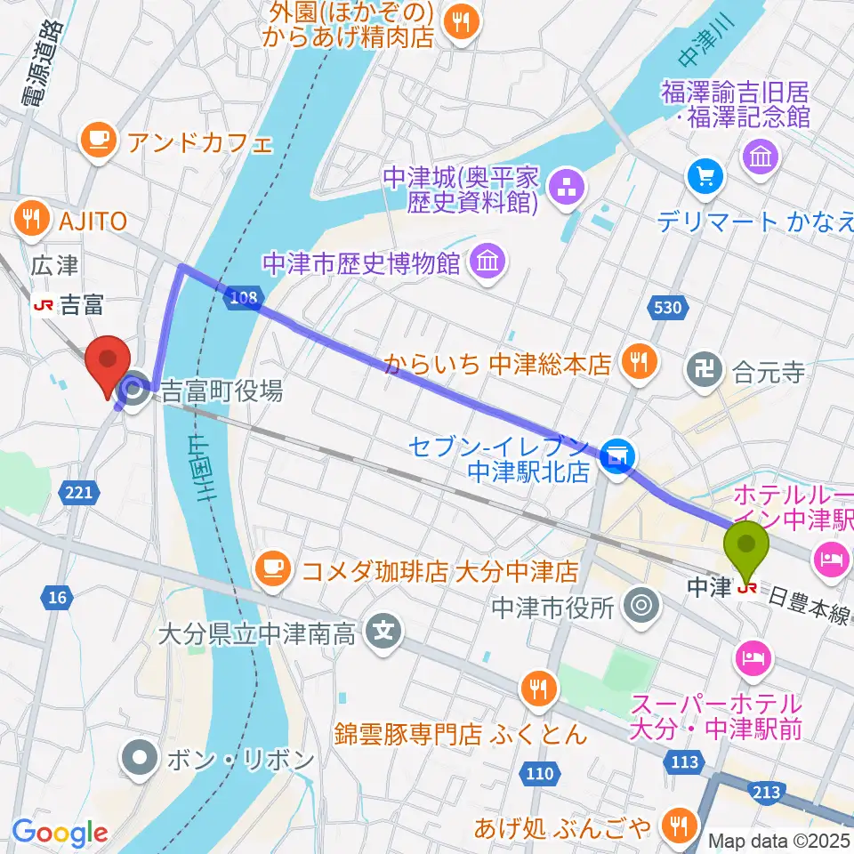 中津駅から吉富フォーユー会館へのルートマップ地図