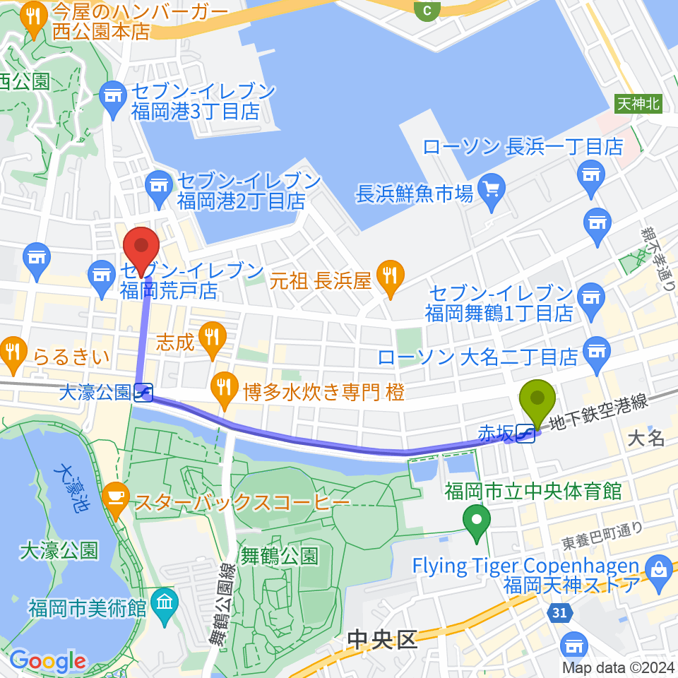 赤坂駅から福岡PEACEへのルートマップ地図