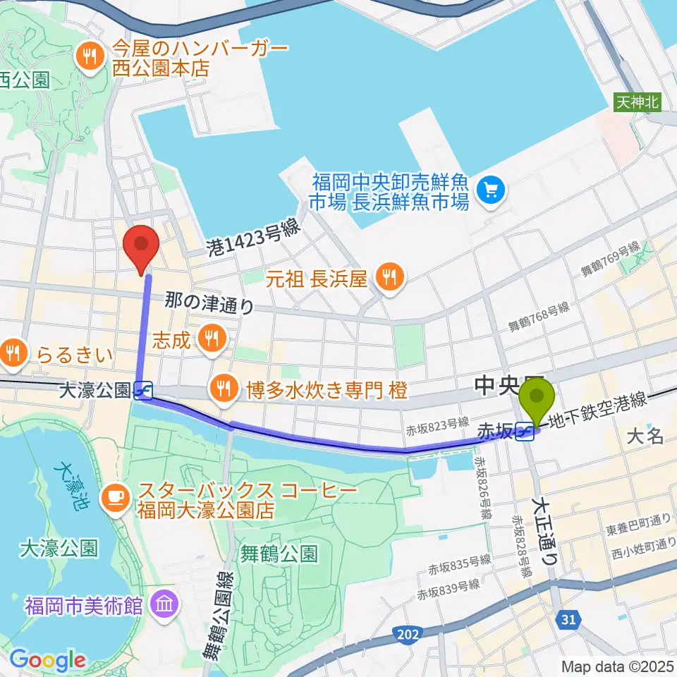 赤坂駅から福岡PEACEへのルートマップ地図