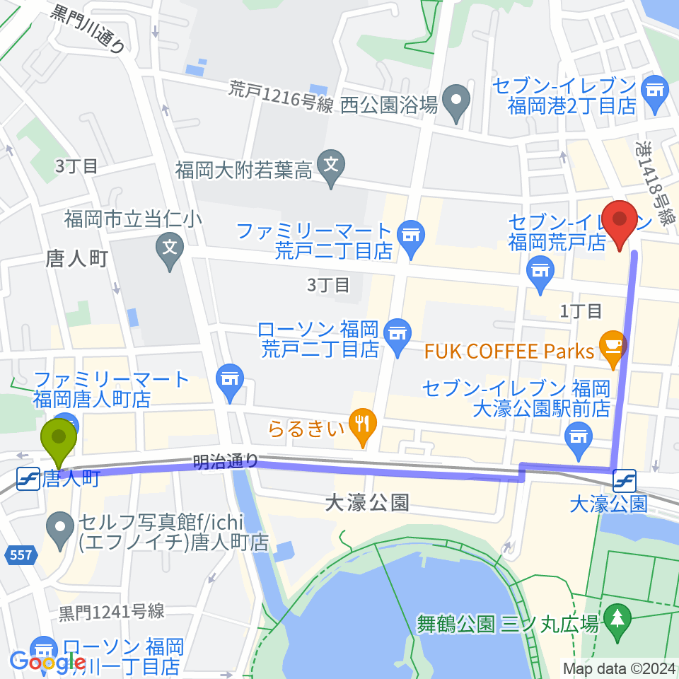 唐人町駅から福岡PEACEへのルートマップ地図
