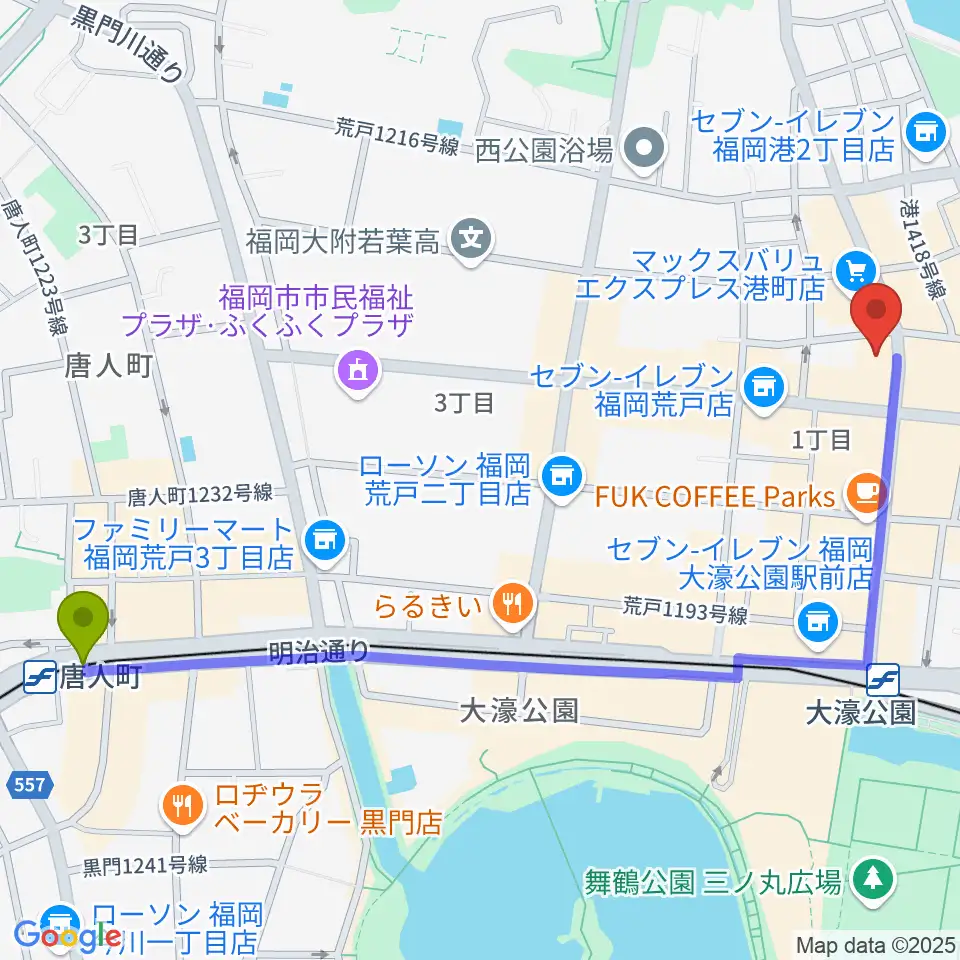 唐人町駅から福岡PEACEへのルートマップ地図