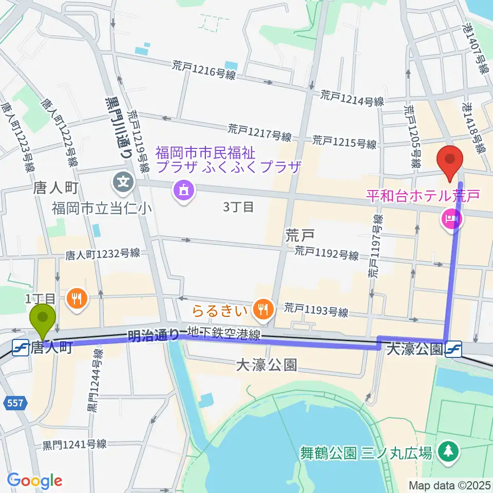 唐人町駅から福岡PEACEへのルートマップ地図