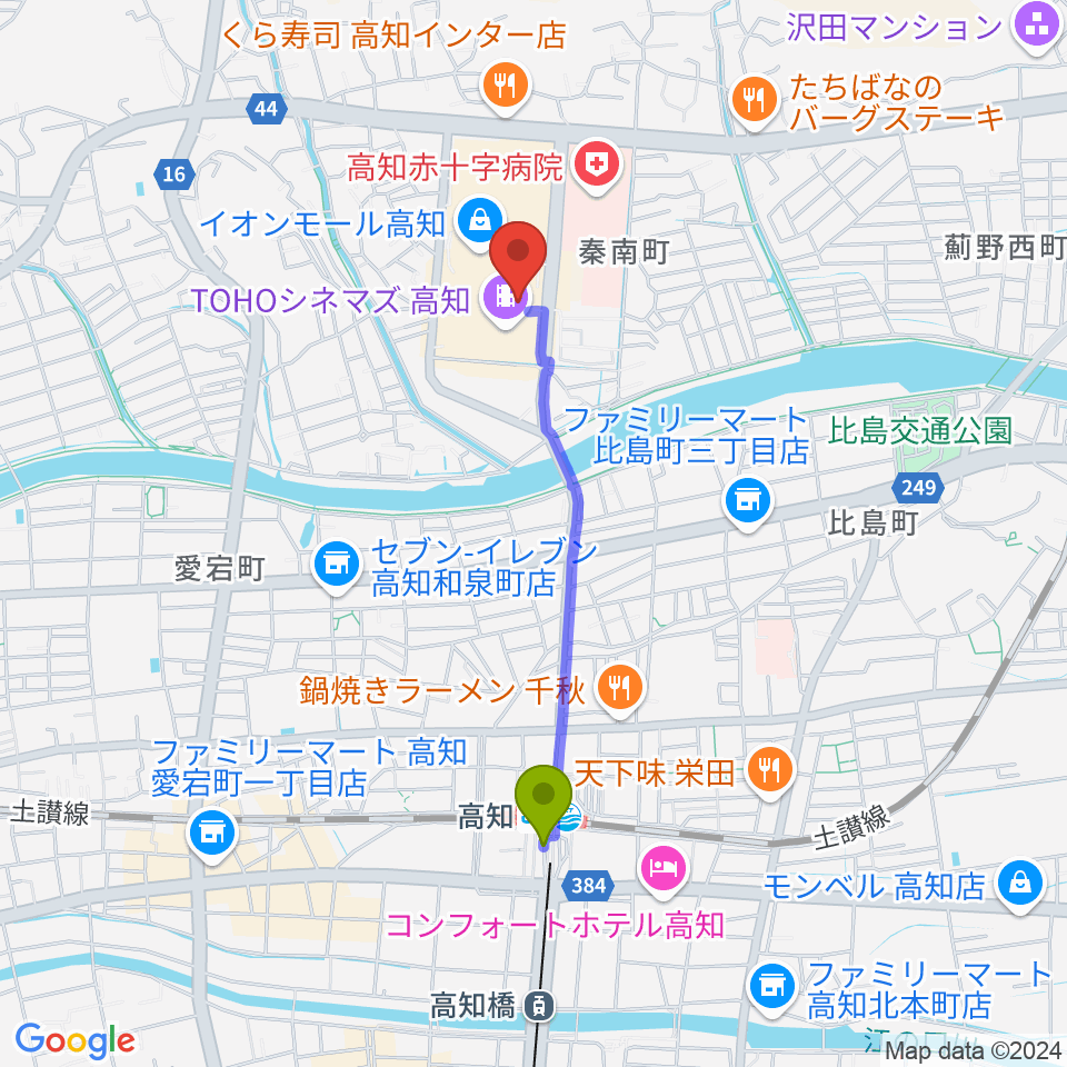 高知ライラホールの最寄駅高知駅からの徒歩ルート（約16分）地図