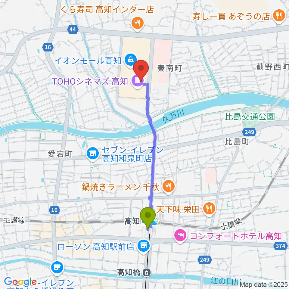 高知ライラホールの最寄駅高知駅からの徒歩ルート（約16分）地図