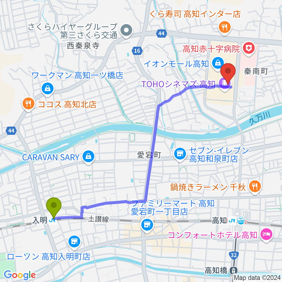 入明駅から高知ライラホールへのルートマップ地図