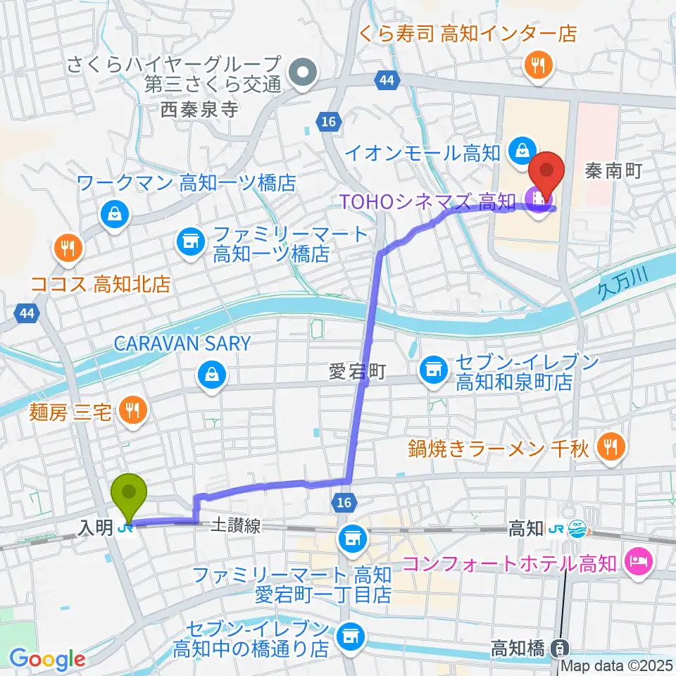 入明駅から高知ライラホールへのルートマップ地図