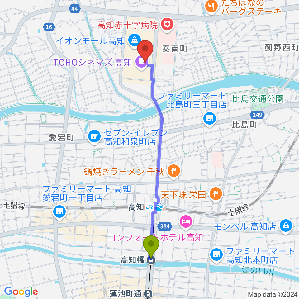 高知橋駅から高知ライラホールへのルートマップ地図