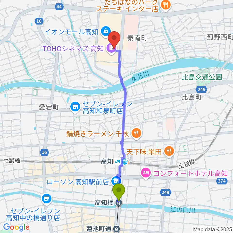 高知橋駅から高知ライラホールへのルートマップ地図