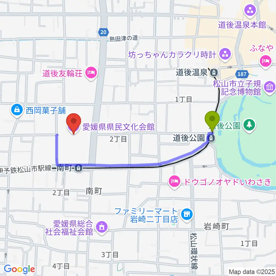 道後公園駅から愛媛県県民文化会館へのルートマップ地図