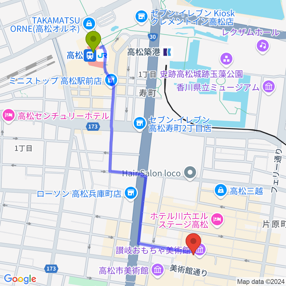 高松駅から丸亀町レッツホールへのルートマップ地図