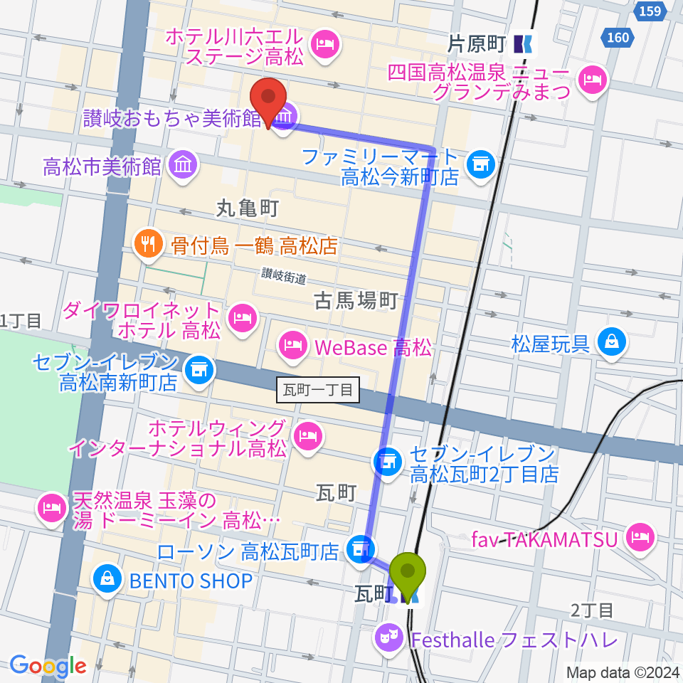 瓦町駅から丸亀町レッツホールへのルートマップ地図