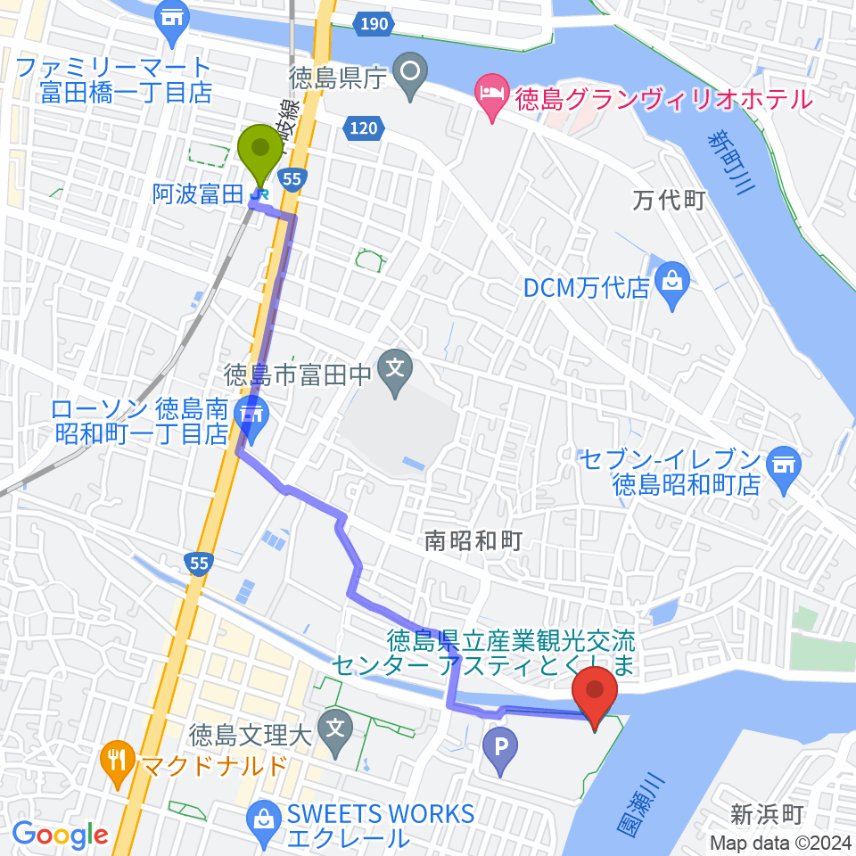 アスティとくしまの最寄駅阿波富田駅からの徒歩ルート（約24分）地図