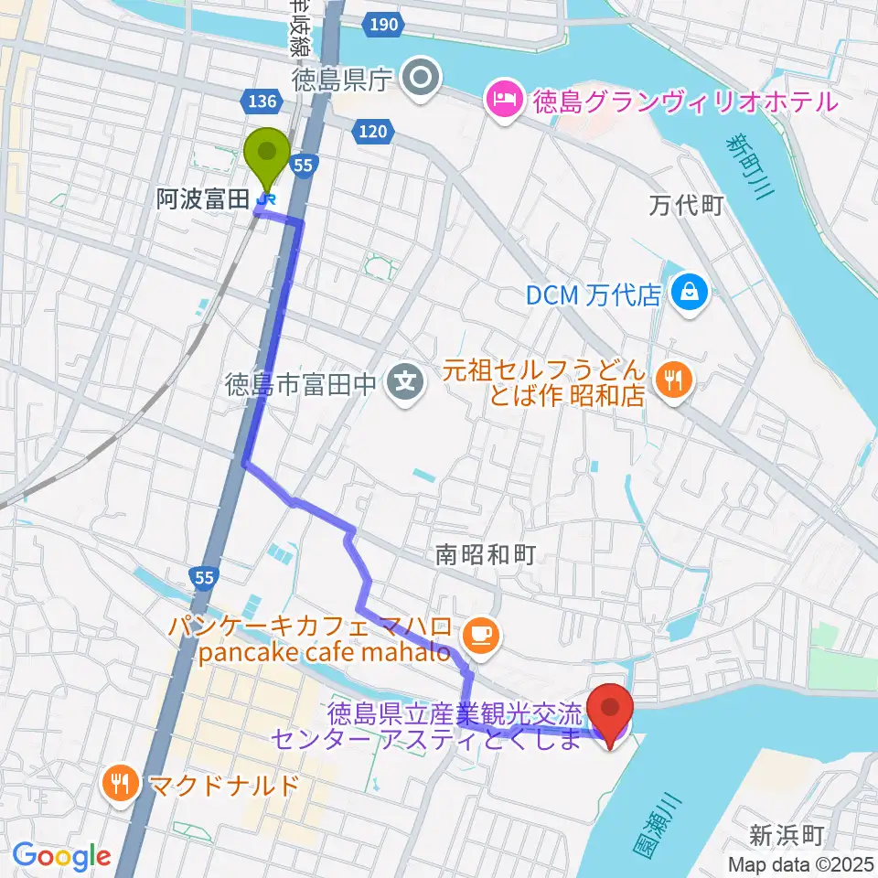 アスティとくしまの最寄駅阿波富田駅からの徒歩ルート（約24分）地図