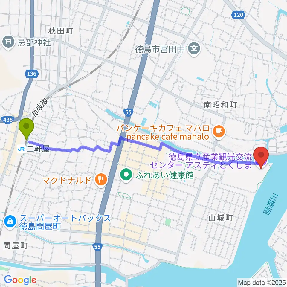 二軒屋駅からアスティとくしまへのルートマップ地図