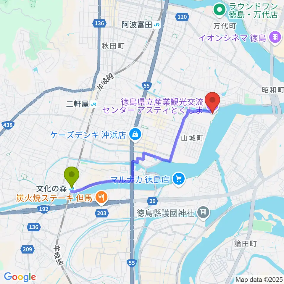 文化の森駅からアスティとくしまへのルートマップ地図