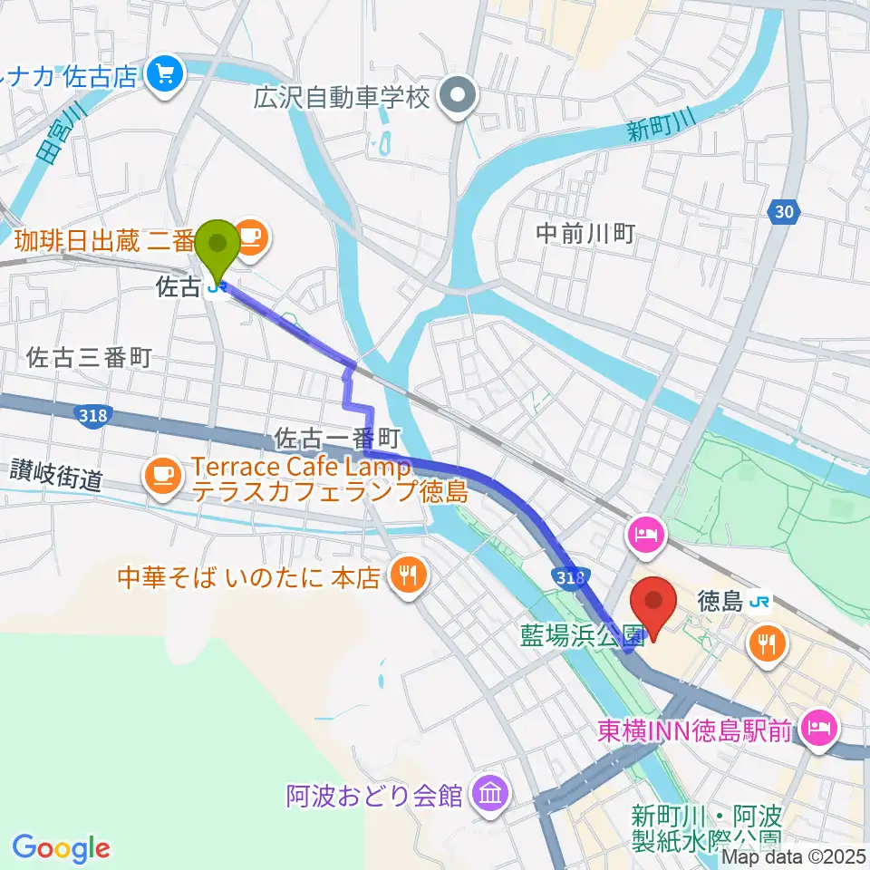 佐古駅から徳島市シビックセンターへのルートマップ地図