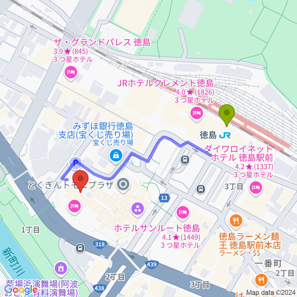 徳島市シビックセンターの最寄駅徳島駅からの徒歩ルート（約4分）地図