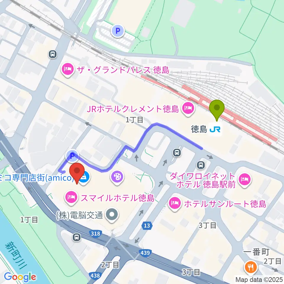 徳島市シビックセンターの最寄駅徳島駅からの徒歩ルート（約4分）地図