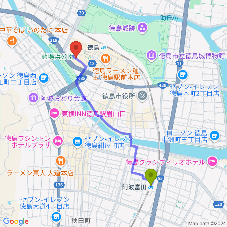 阿波富田駅から徳島市シビックセンターへのルートマップ地図