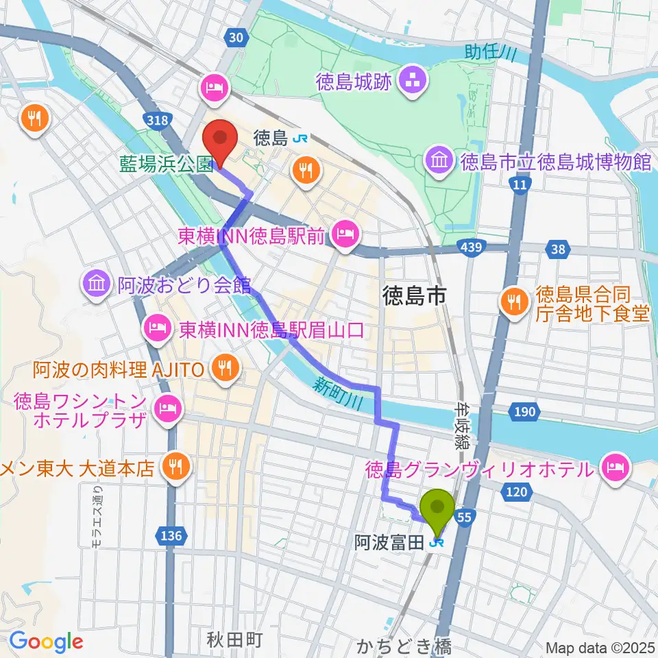 阿波富田駅から徳島市シビックセンターへのルートマップ地図