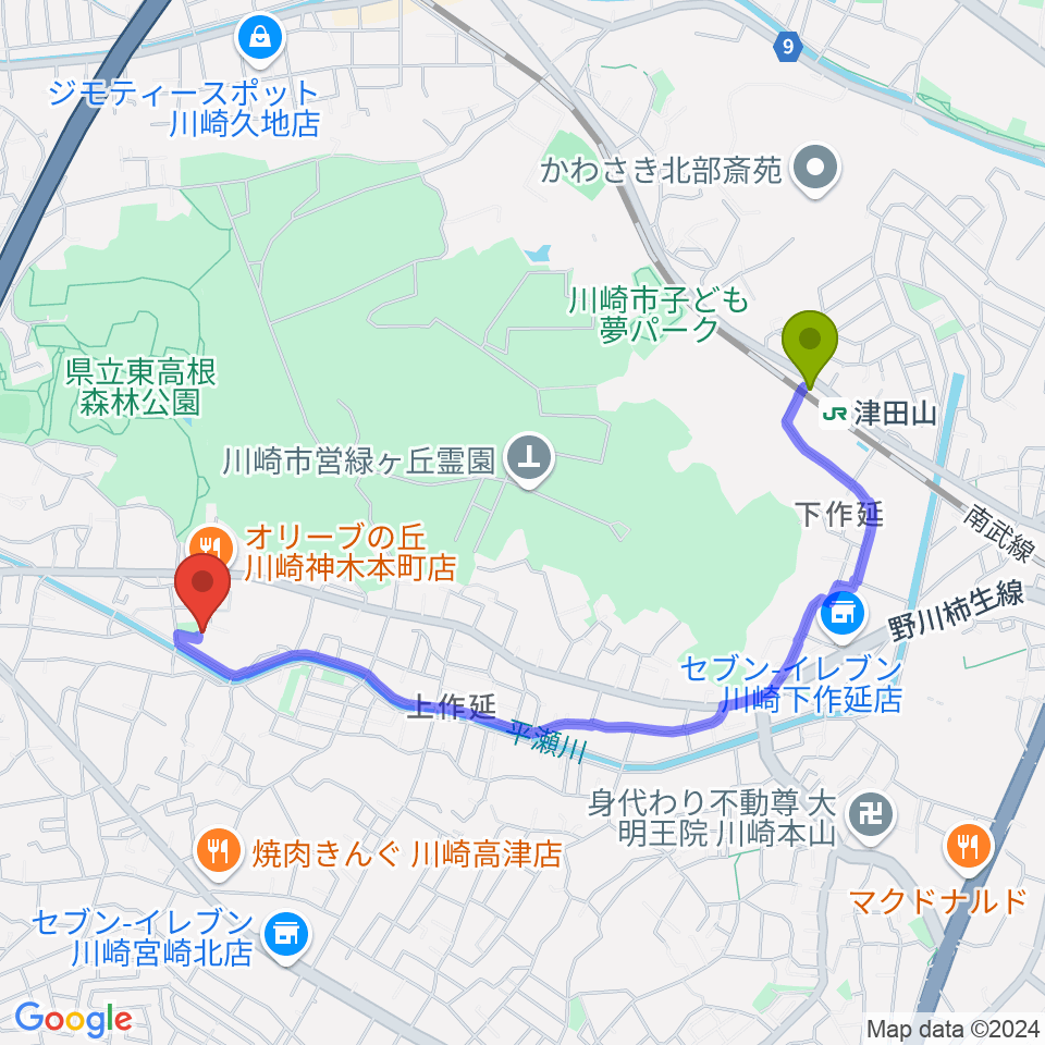 studio homeの最寄駅津田山駅からの徒歩ルート（約19分）地図