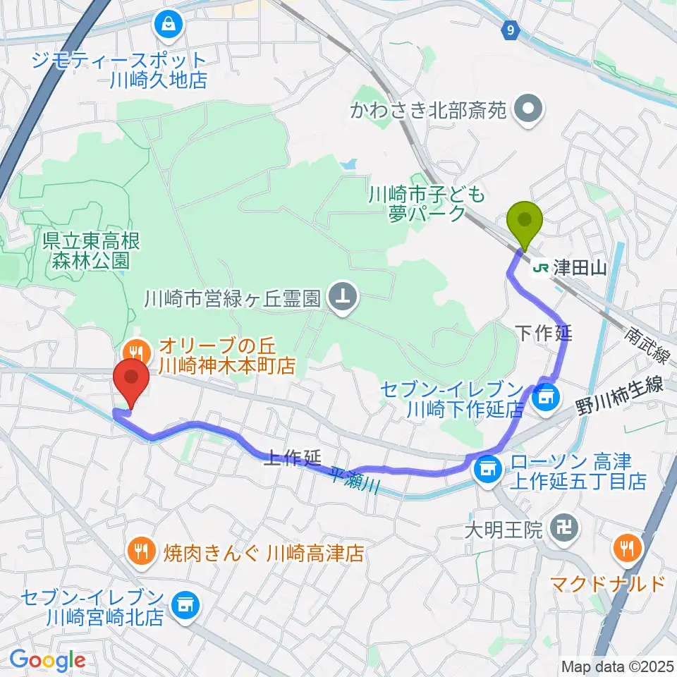 studio homeの最寄駅津田山駅からの徒歩ルート（約19分）地図