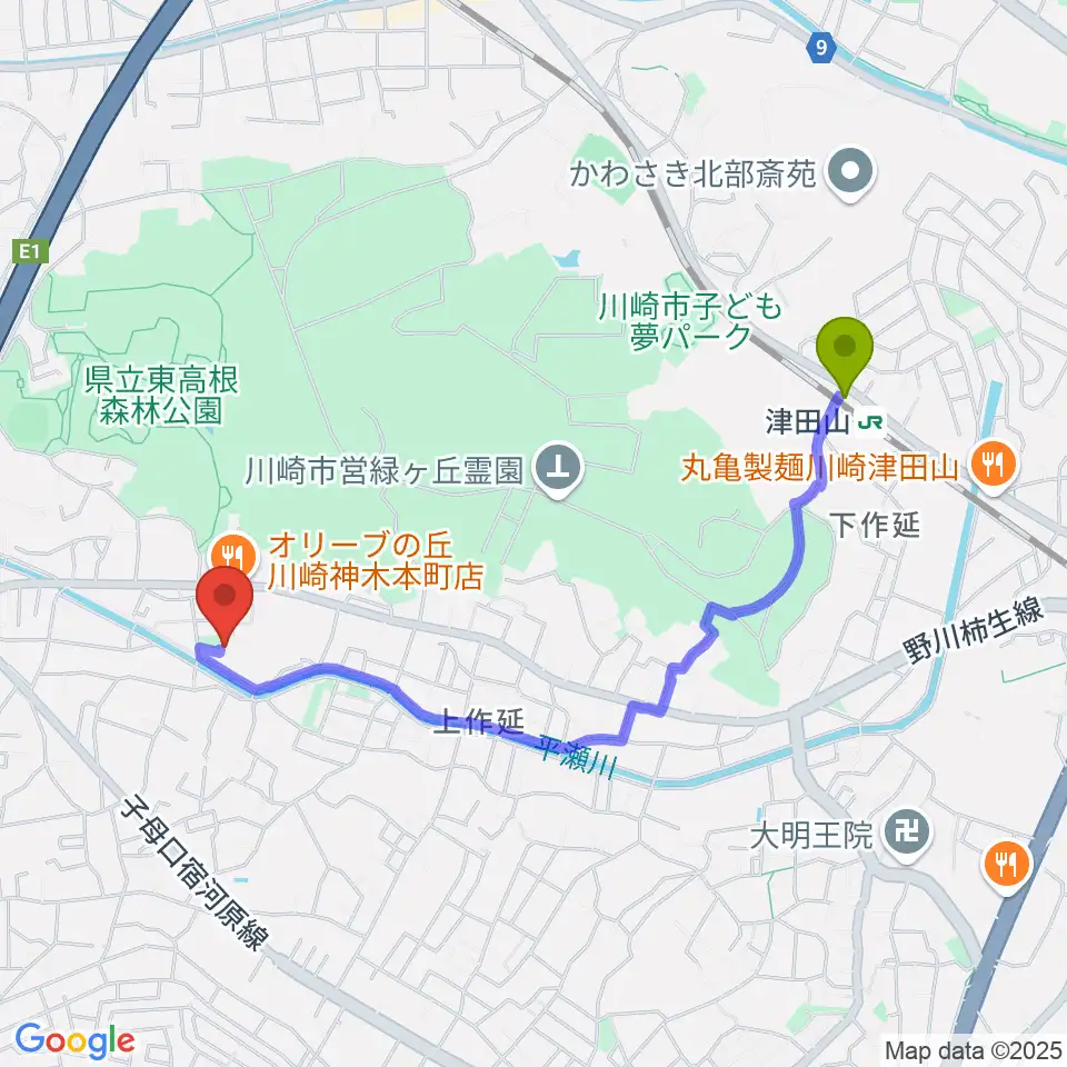STUDIO homeの最寄駅津田山駅からの徒歩ルート（約19分）地図