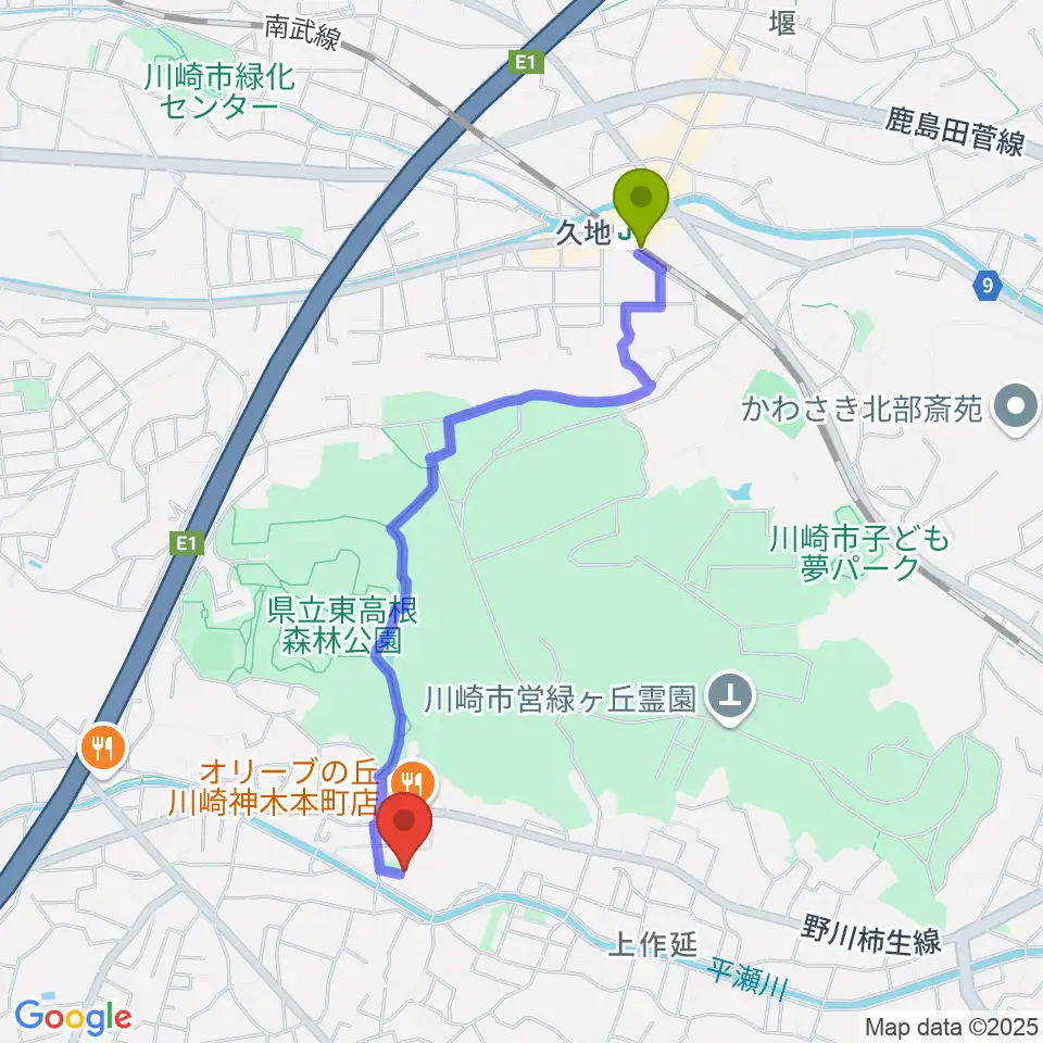 久地駅からSTUDIO homeへのルートマップ地図