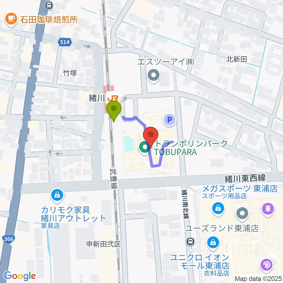 サウンドメイトマツイシの最寄駅緒川駅からの徒歩ルート（約1分）地図