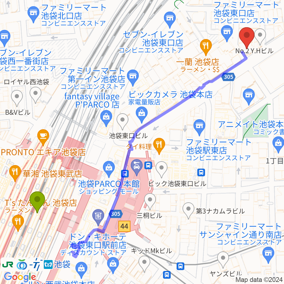 石川直純クラシックギター教室の最寄駅池袋駅からの徒歩ルート（約7分）地図
