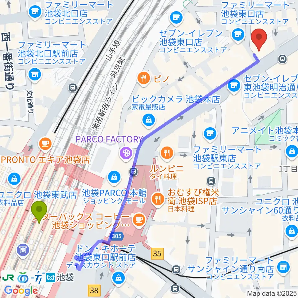 石川直純クラシックギター教室の最寄駅池袋駅からの徒歩ルート（約7分）地図