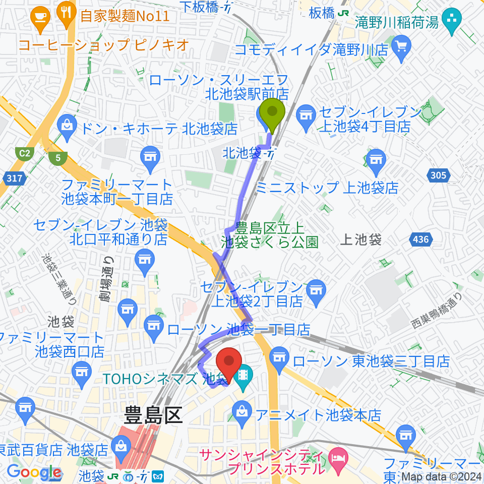 北池袋駅から石川直純クラシックギター教室へのルートマップ地図
