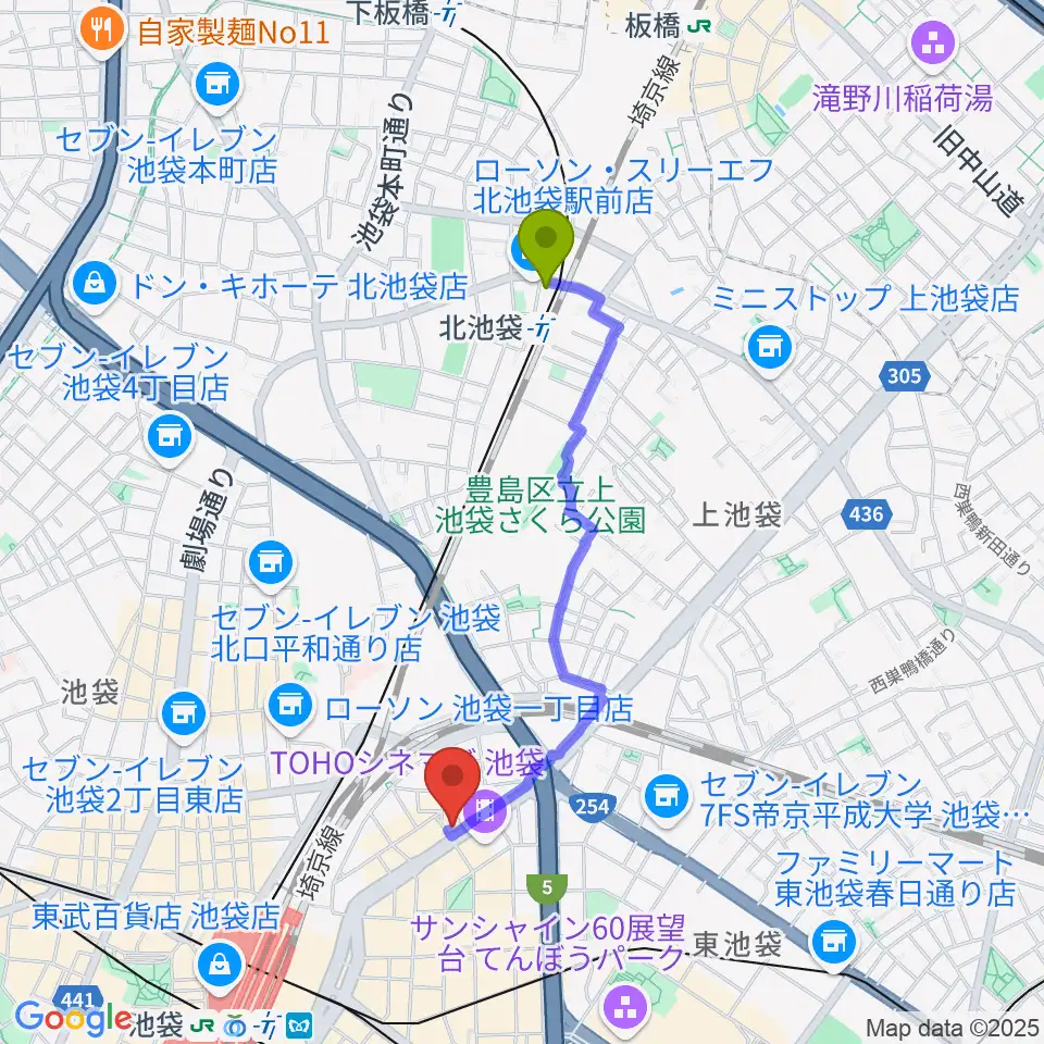 北池袋駅から石川直純クラシックギター教室へのルートマップ地図