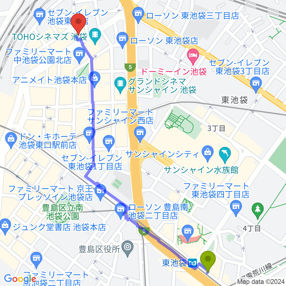 東池袋駅から石川直純クラシックギター教室へのルートマップ地図