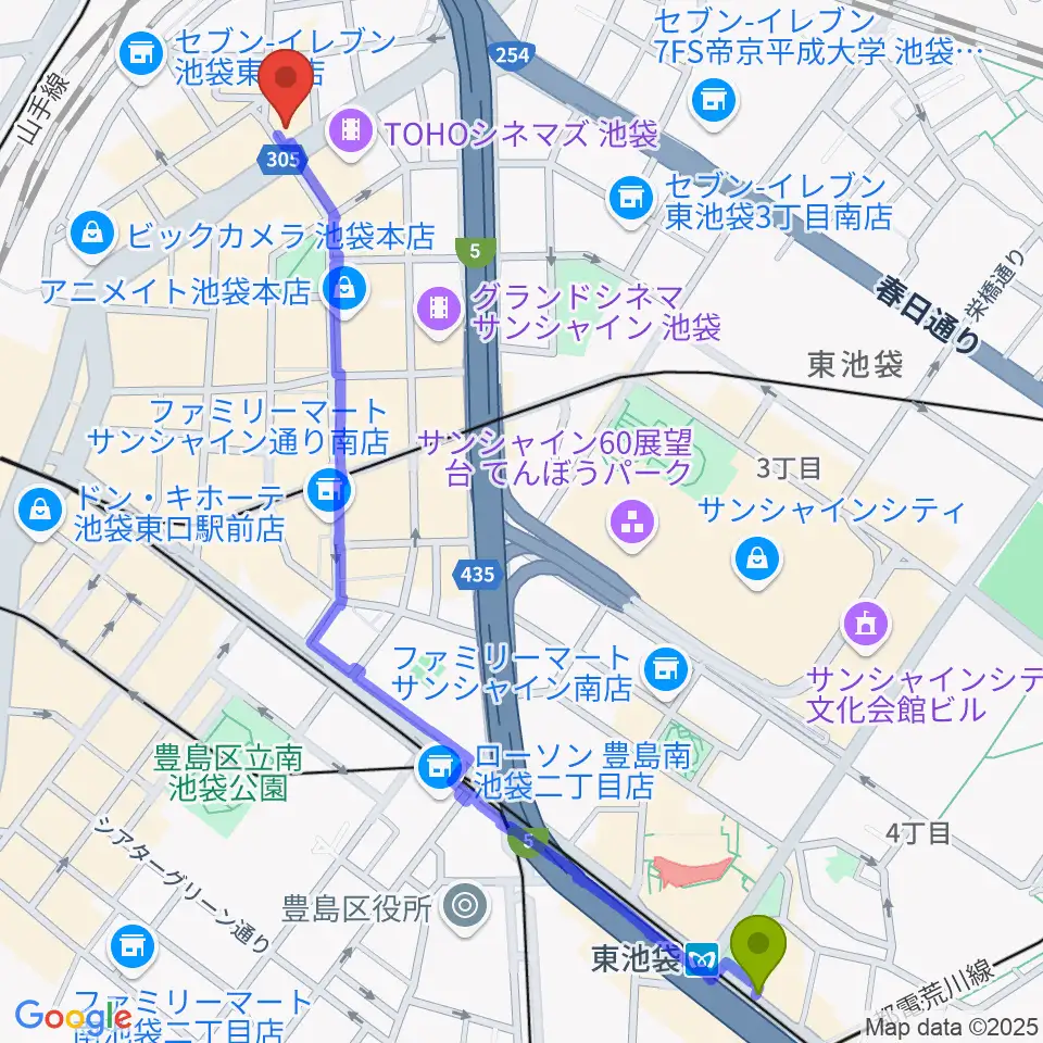 東池袋駅から石川直純クラシックギター教室へのルートマップ地図