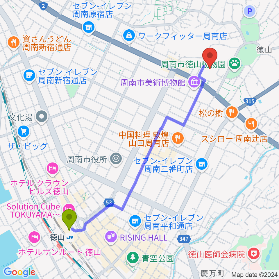 周南市文化会館の最寄駅徳山駅からの徒歩ルート（約24分）地図