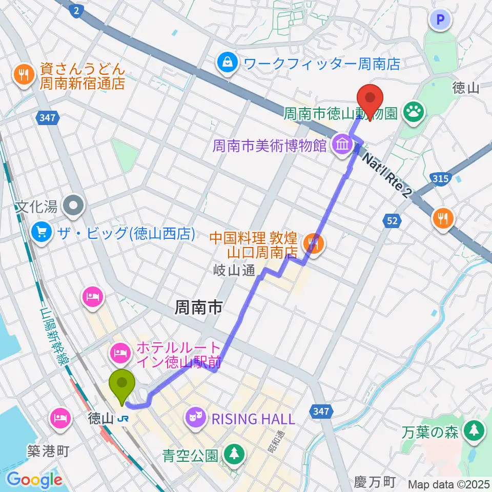 周南市文化会館の最寄駅徳山駅からの徒歩ルート（約24分）地図