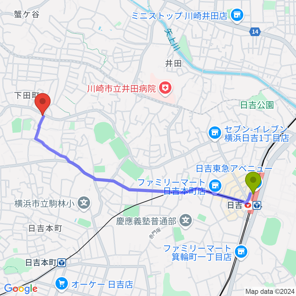 日吉駅から株式会社ピアノアートへのルートマップ地図