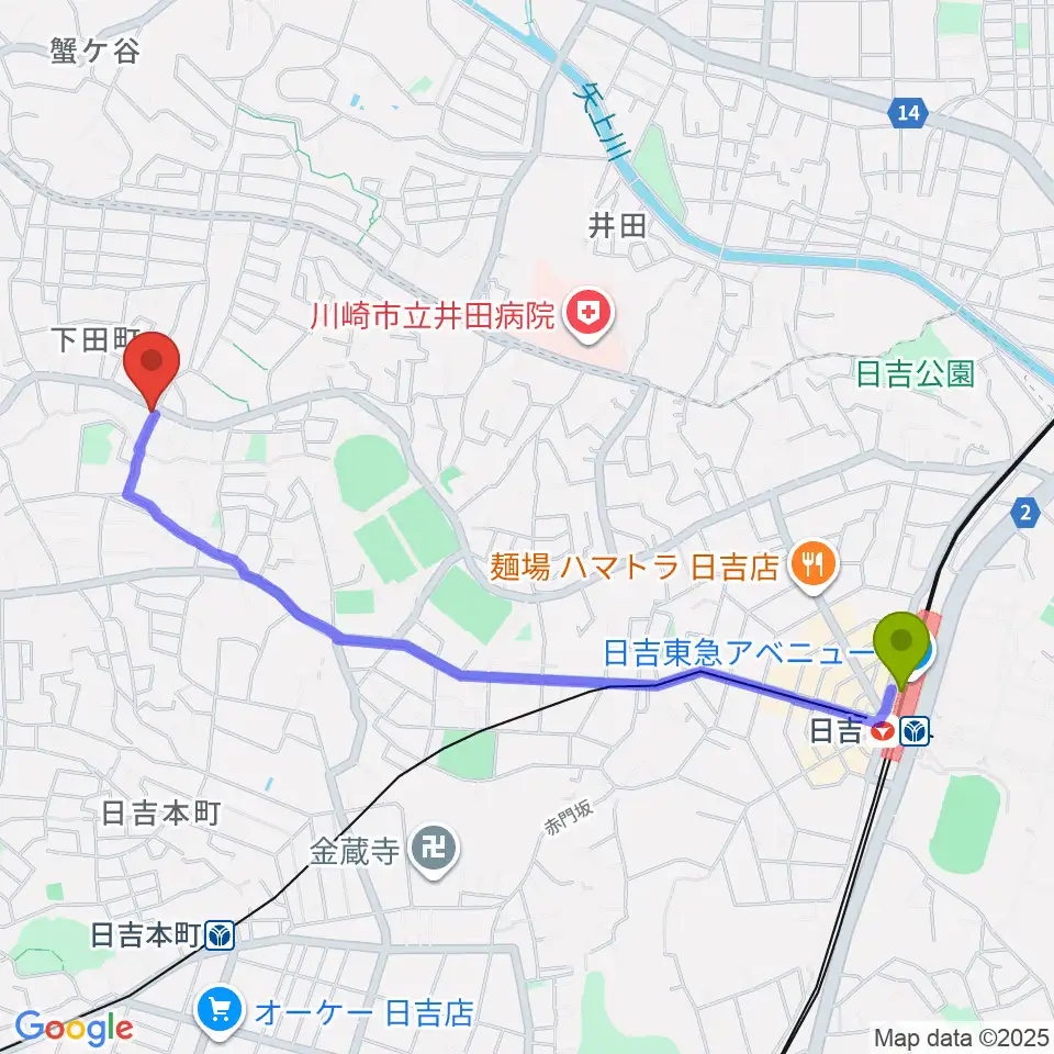 日吉駅から株式会社ピアノアートへのルートマップ地図