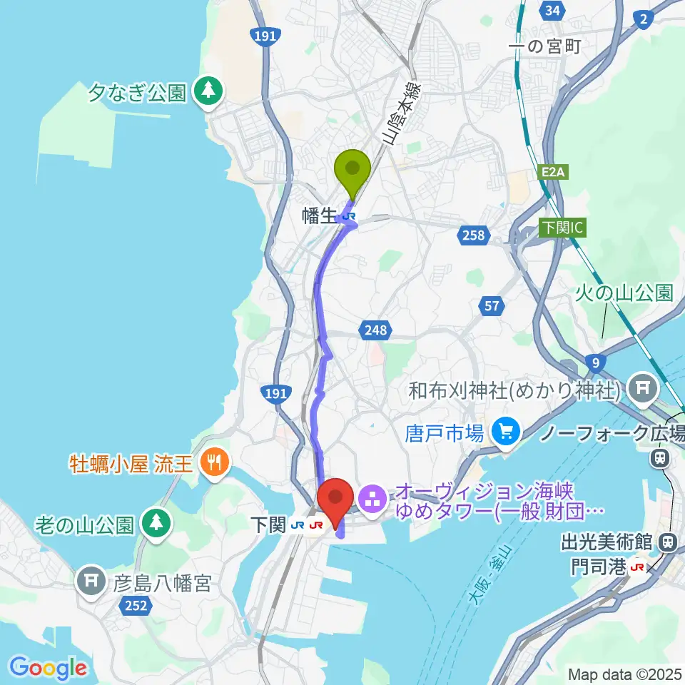 幡生駅から下関市民会館へのルートマップ地図