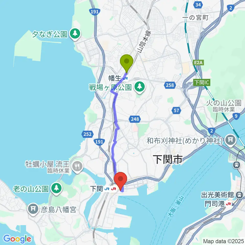 幡生駅から下関市民会館へのルートマップ地図
