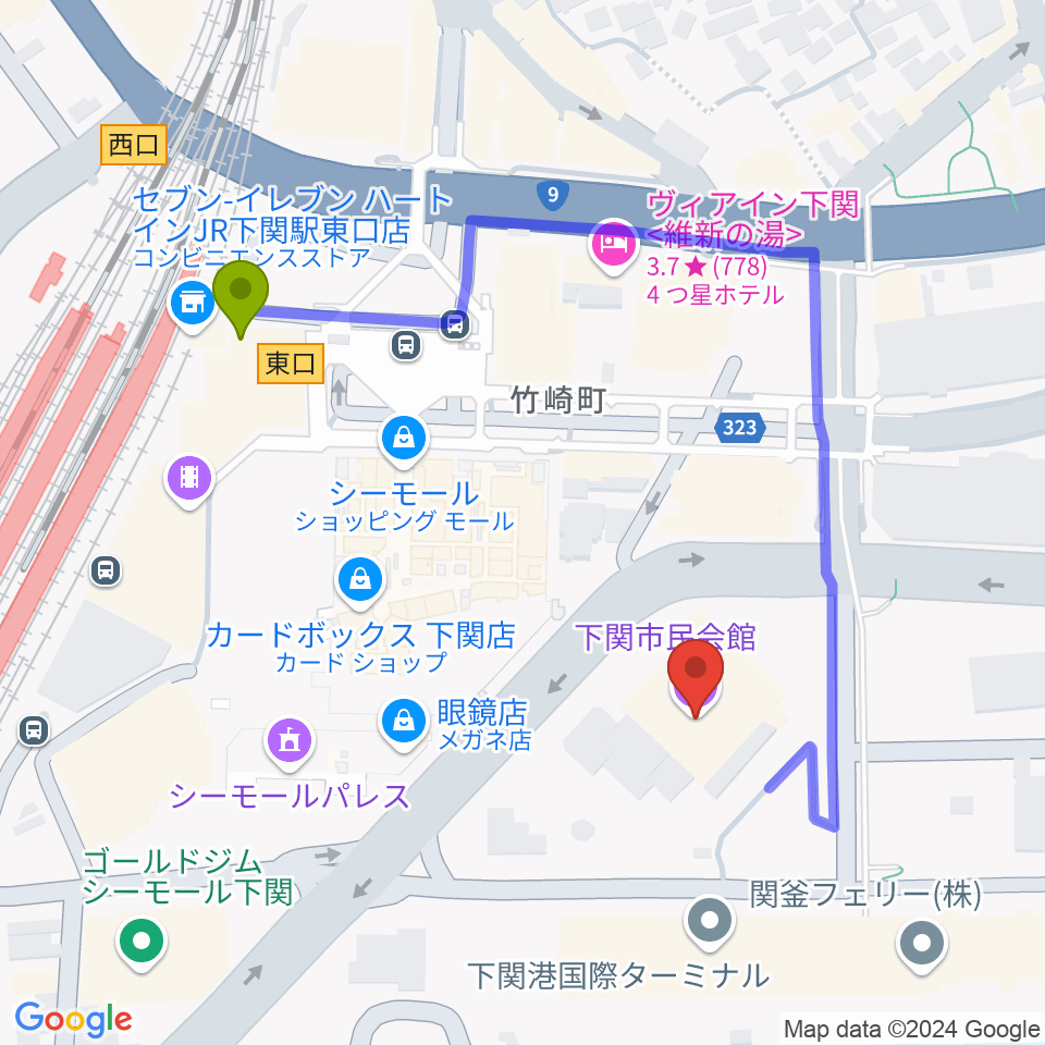 下関市民会館の最寄駅下関駅からの徒歩ルート（約4分）地図