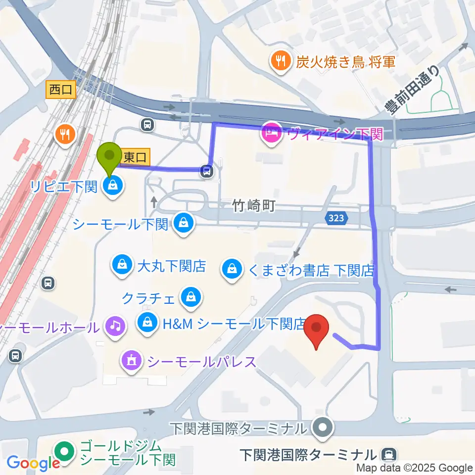 下関市民会館の最寄駅下関駅からの徒歩ルート（約4分）地図