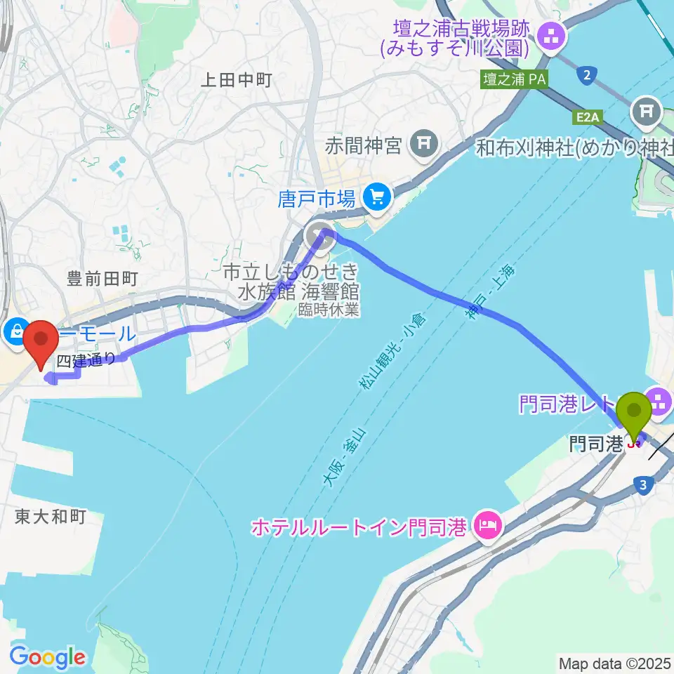 門司港駅から下関市民会館へのルートマップ地図