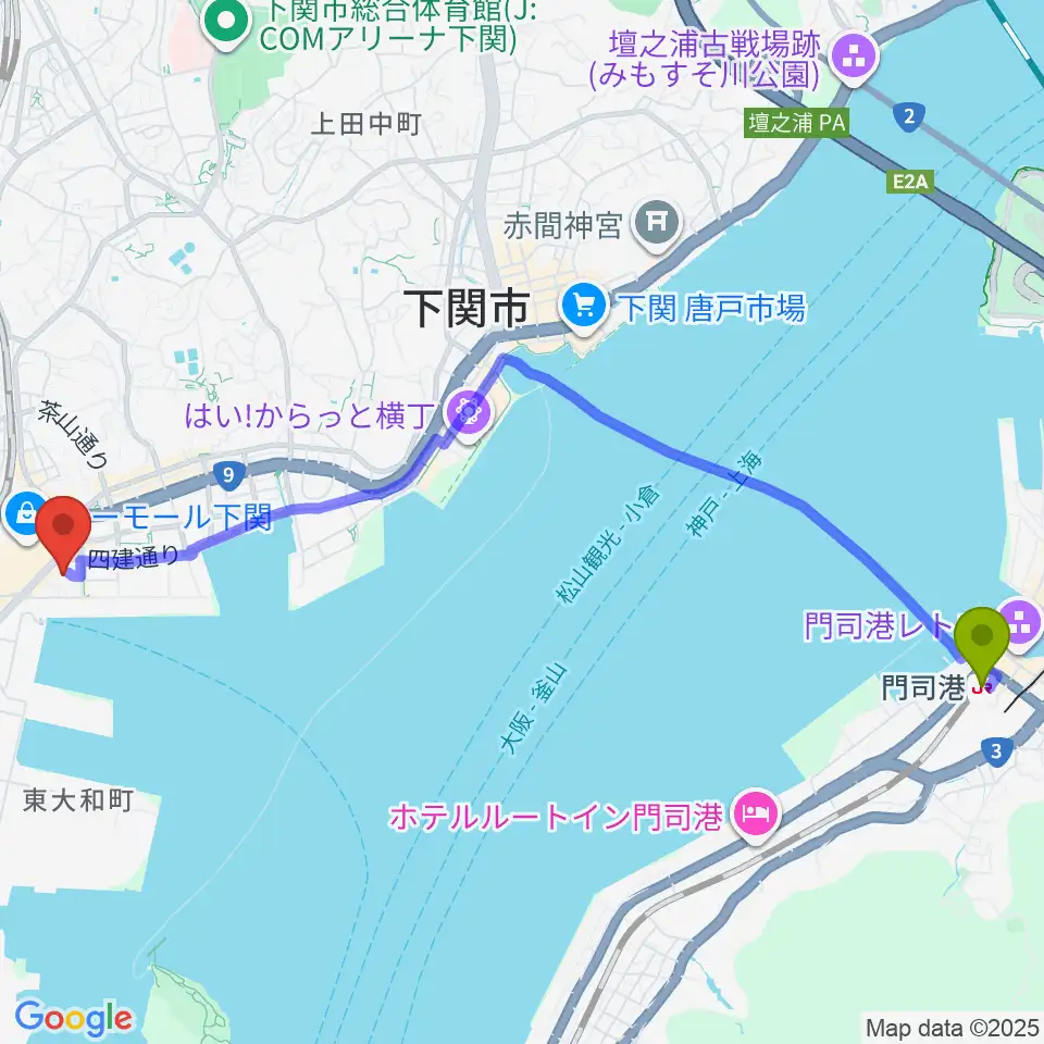 門司港駅から下関市民会館へのルートマップ地図