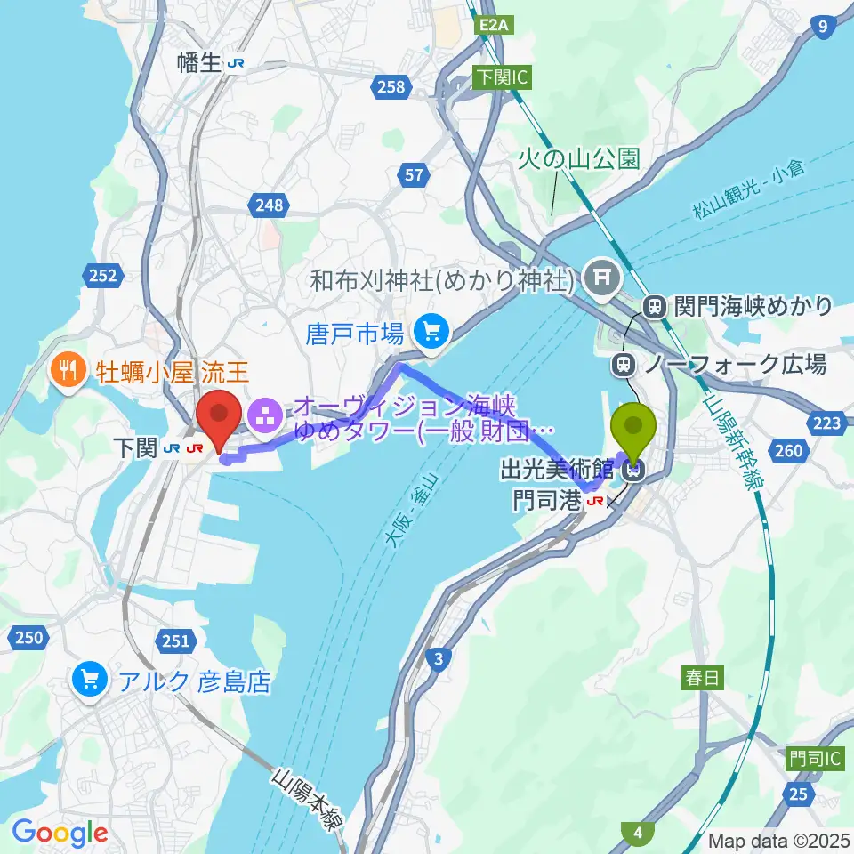 出光美術館駅から下関市民会館へのルートマップ地図