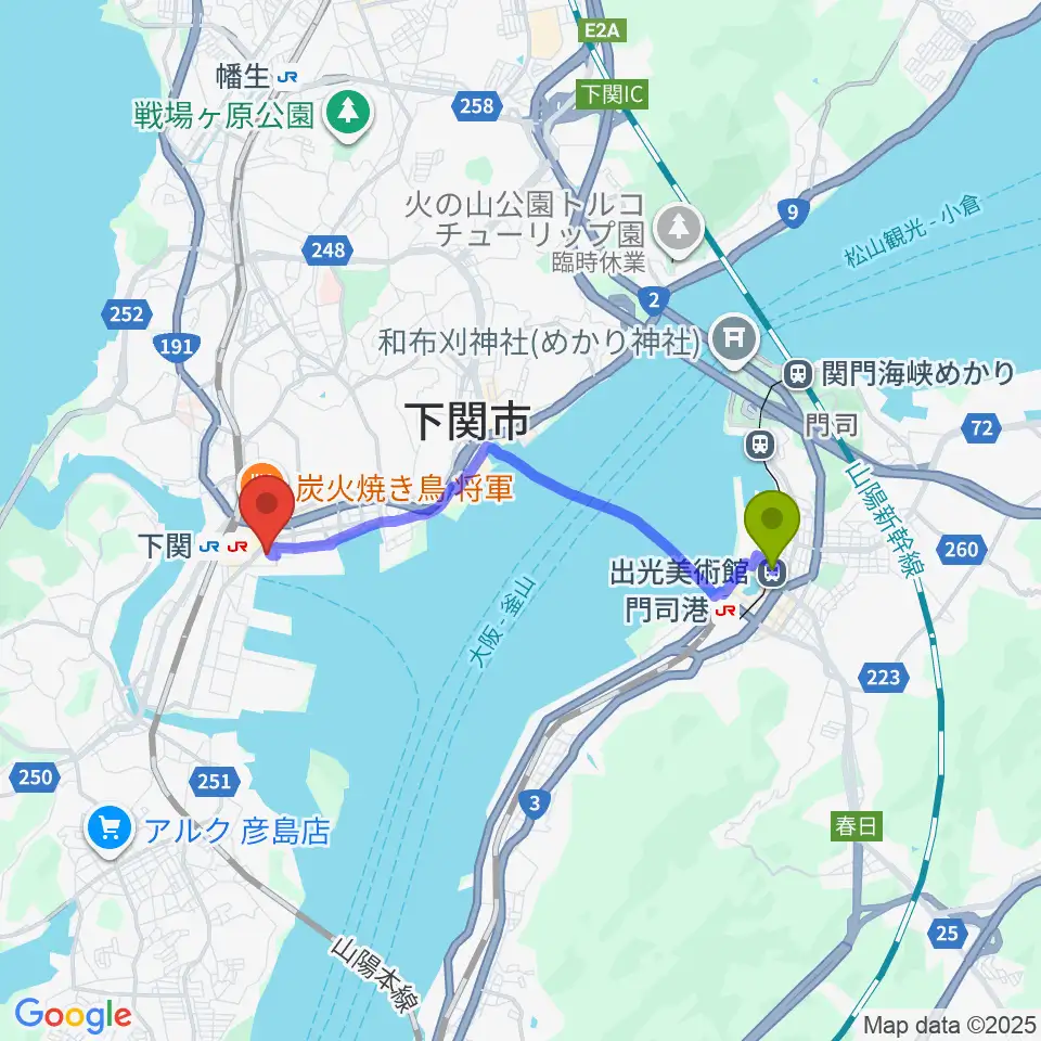 出光美術館駅から下関市民会館へのルートマップ地図